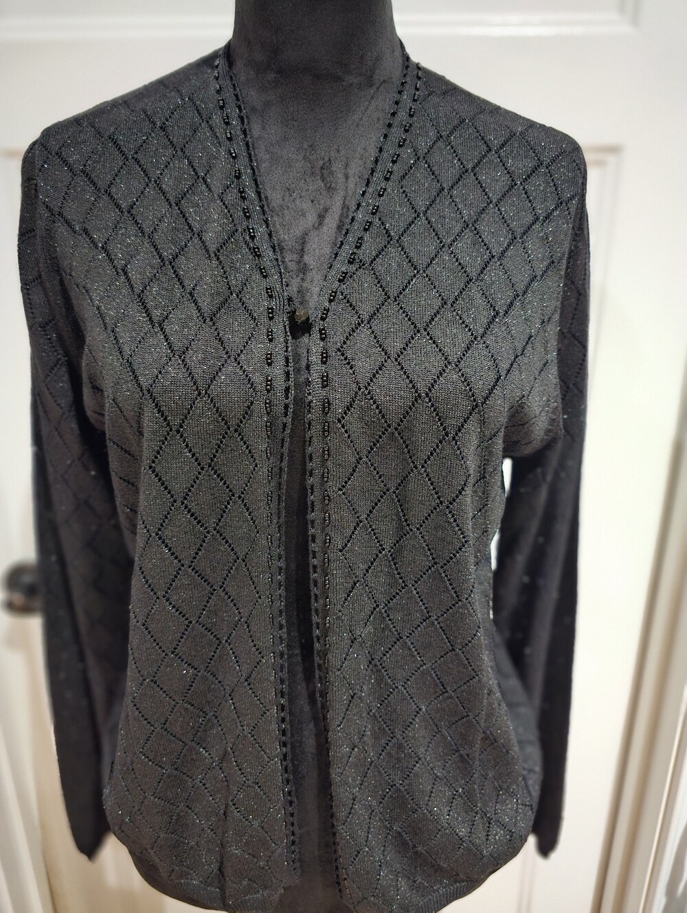 Valerie Stevens Charcoal Metallic Open-Front Cardigan with Beaded Trim